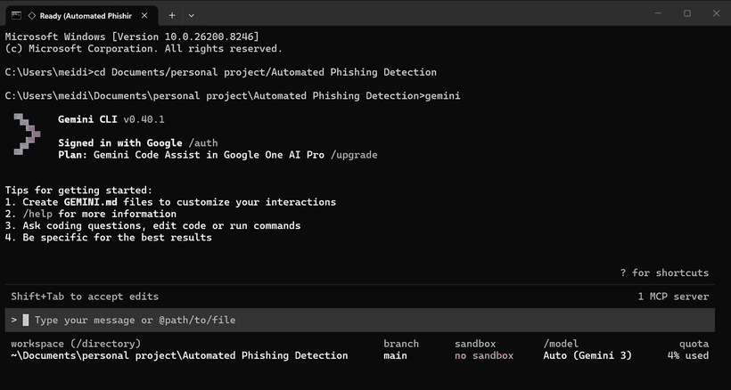 Gemini CLI showing the payment-scam-firewall MCP server ready and analyzing a payment email sample.